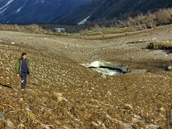 Baksan river covered by avalanche debris