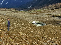 Baksan river covered by avalanche debris