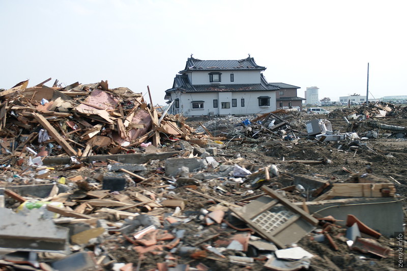 Lonely house among debris